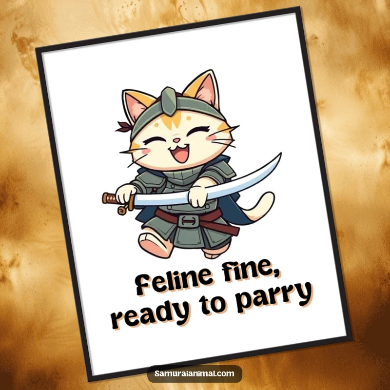 Funny Free Printable Wall Art: A smiling armored cat in full warrior gear leaps with a katana, ready for action.