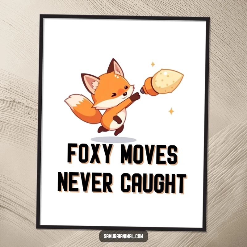Funny Free Printable Wall Art: A tiny fox dodges an imaginary, oversized projectile with a swift, comical movement, playful art.