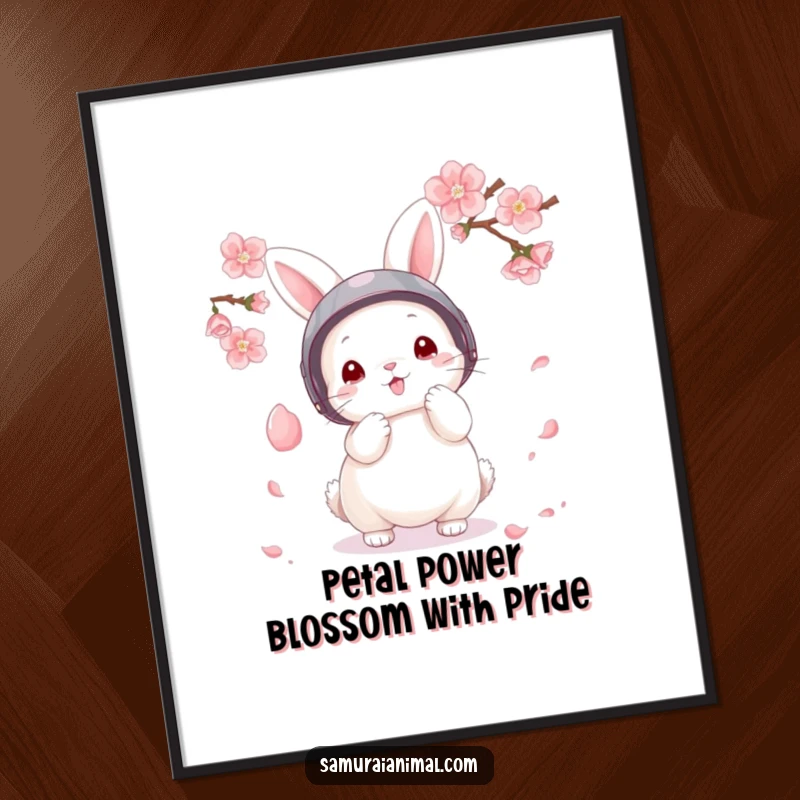 Funny Free Printable Bunny Warrior Art, a fluffy bunny with a helmet stands ready, parrying a falling cherry blossom petal.