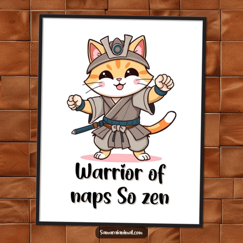Funny Free Printable Wall Art: Cheerful cat striking a dynamic samurai pose with a gentle smile and fierce determination.