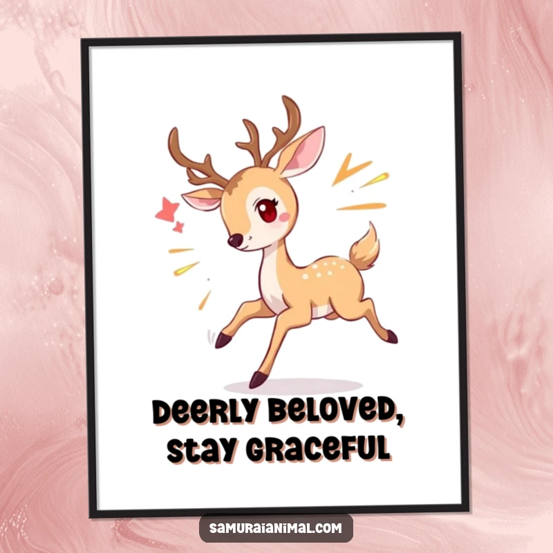 Funny Free Printable Deer Wall Art: Smiling deer gracefully dodging an imaginary attack, downloadable quirky decor.