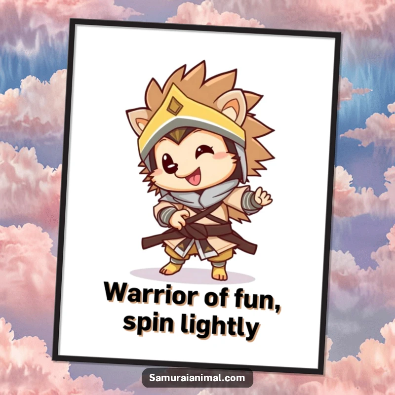 Funny Free Printable Wall Art of a warrior hedgehog performing a playful spin, bringing dynamic humor to any room.