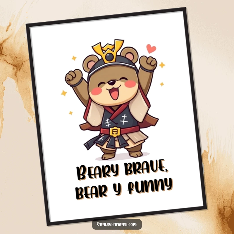 Funny Free Printable Wall Art: A courageous bear in a samurai outfit raises its arms in a joyful, triumphant cheer.