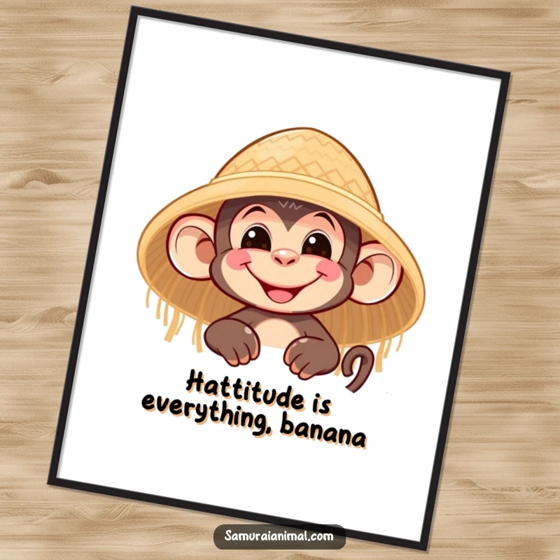 Funny Free Printable Wall Art: A nimble monkey character with a wide grin peeks slyly from behind a straw hat.