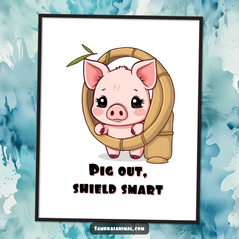 Funny Free Printable Wall Art: A shy piglet peeking curiously from behind a protective bamboo shield, exuding innocence and charm.