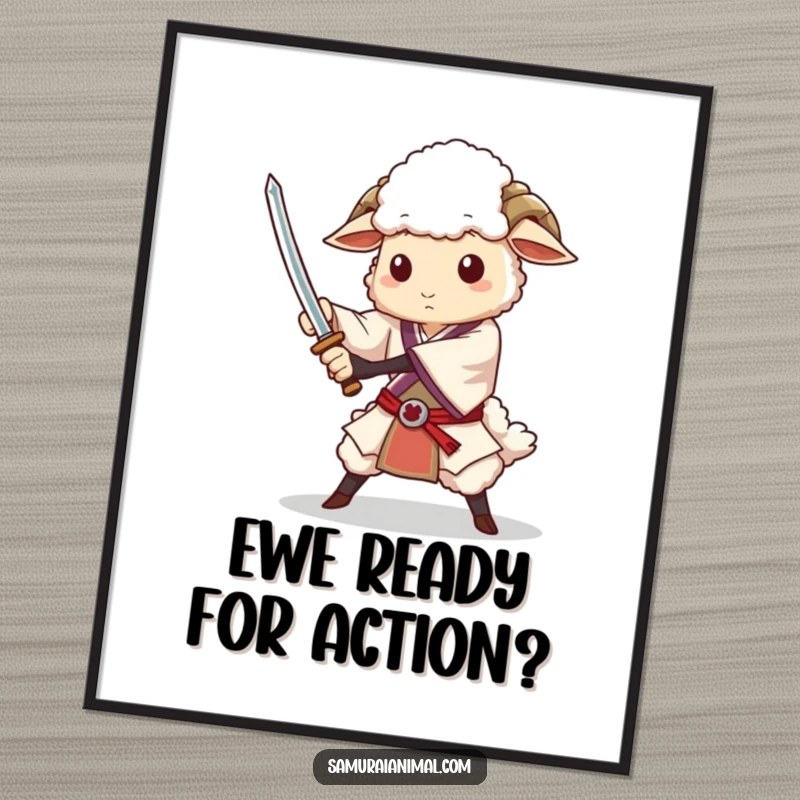 Funny Free Printable Wall Art: Dignified sheep performing an impressive sword flourish with regal poise and humor.