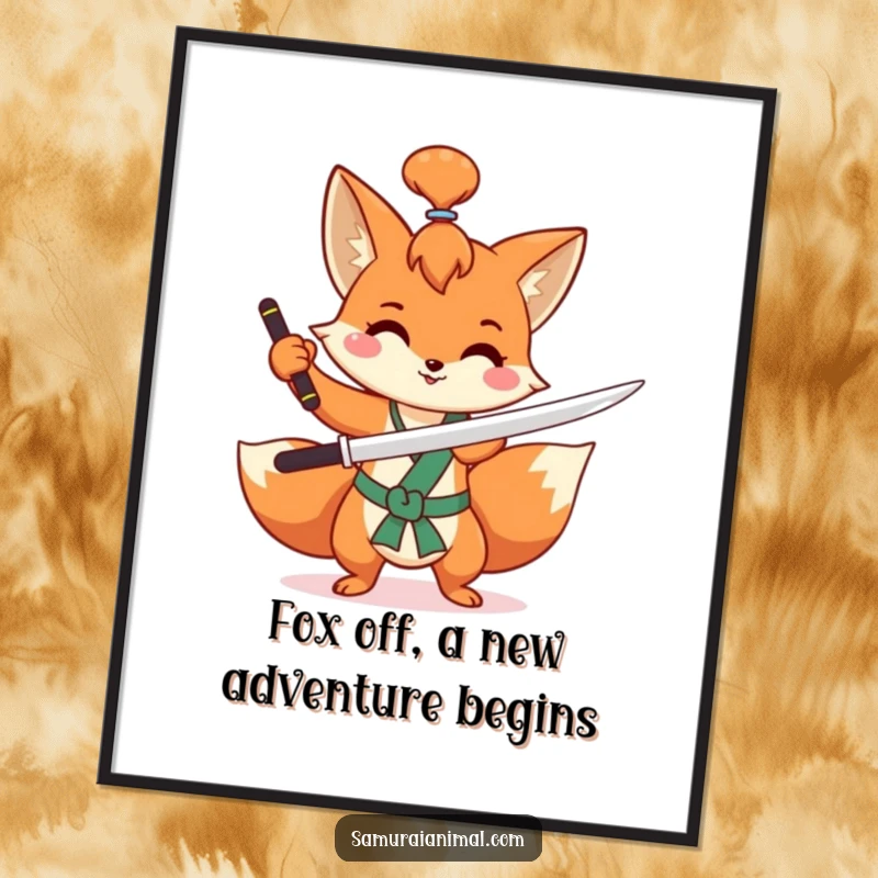 Funny Free Printable Wall Art: A mischievous fox with a topknot, practicing a swift sword flourish happily with cheerful energy.