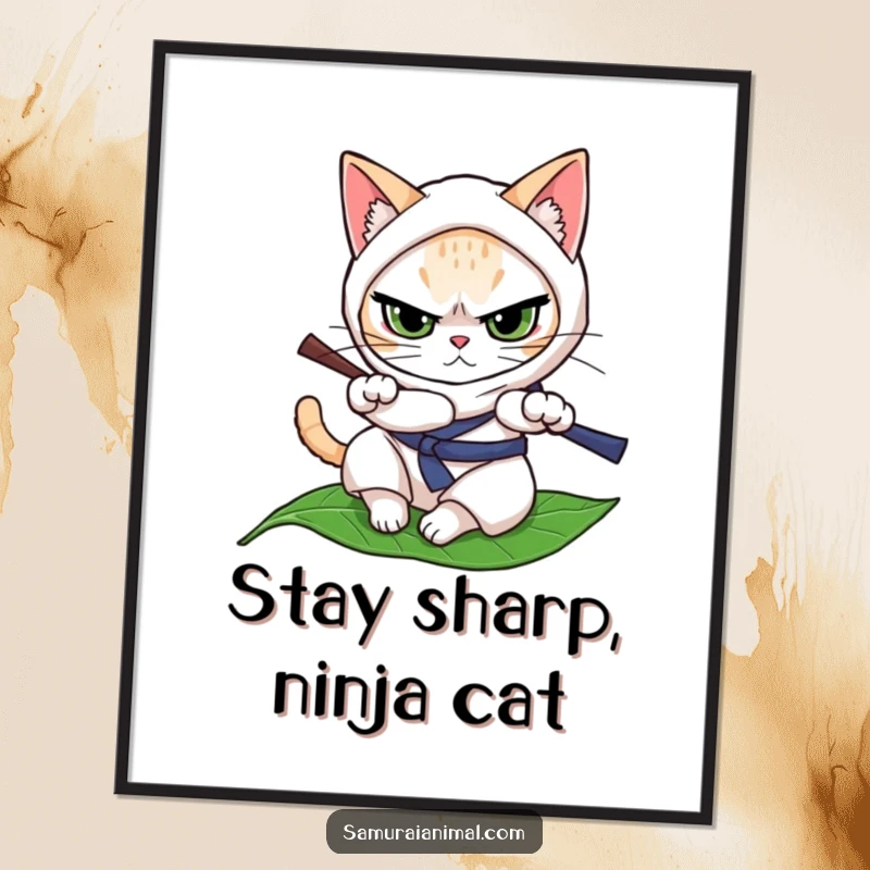 Funny Free Printable Wall Art: A determined cat practices ninja rolls on a single leaf with intense concentration.