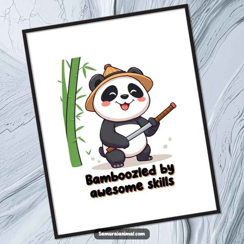Funny Free Printable Wall Art: Energetic panda wearing a straw hat furiously chops bamboo with a tiny katana.