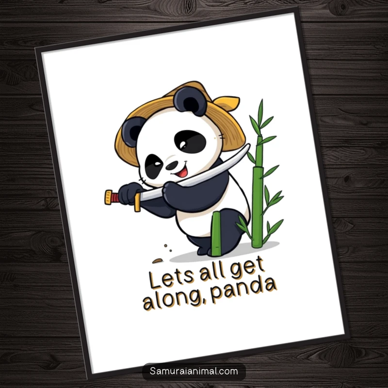 Funny Free Printable Wall Art: A smiling panda with a straw hat furiously chops bamboo using a tiny katana.