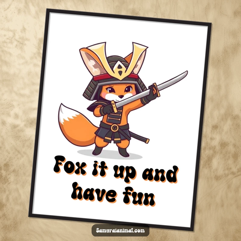 Funny Free Printable Wall Art: A fox wearing a samurai helmet playfully practices sword swings with focused energy.
