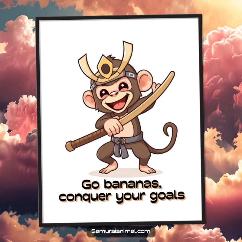 Funny Free Printable Wall Art: A happy monkey in a samurai mask gleefully swings a wooden sword, bringing dynamic humor to your wall.