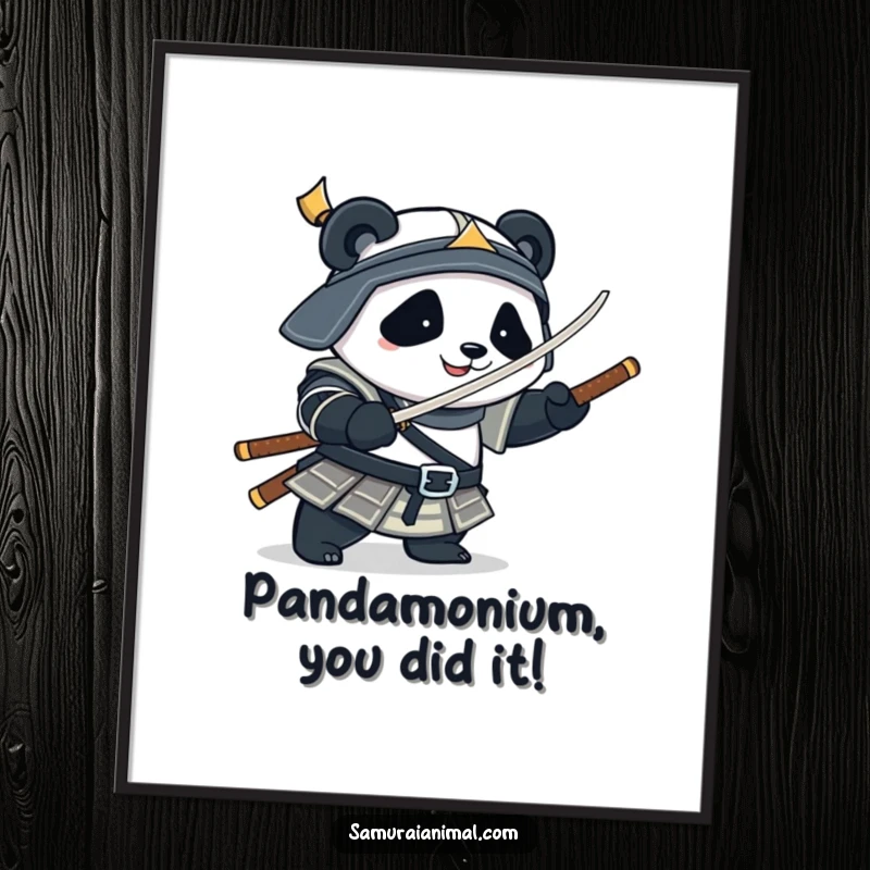 Funny Free Printable Wall Art: A plump panda in samurai armor playfully spinning a bamboo sword with impressive agility.