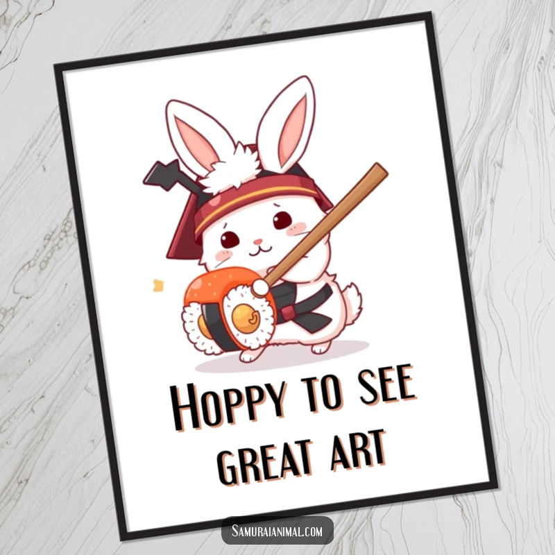 Funny Free Printable Wall Art of a fluffy rabbit samurai in a helmet fighting a sushi roll with a tiny sword.
