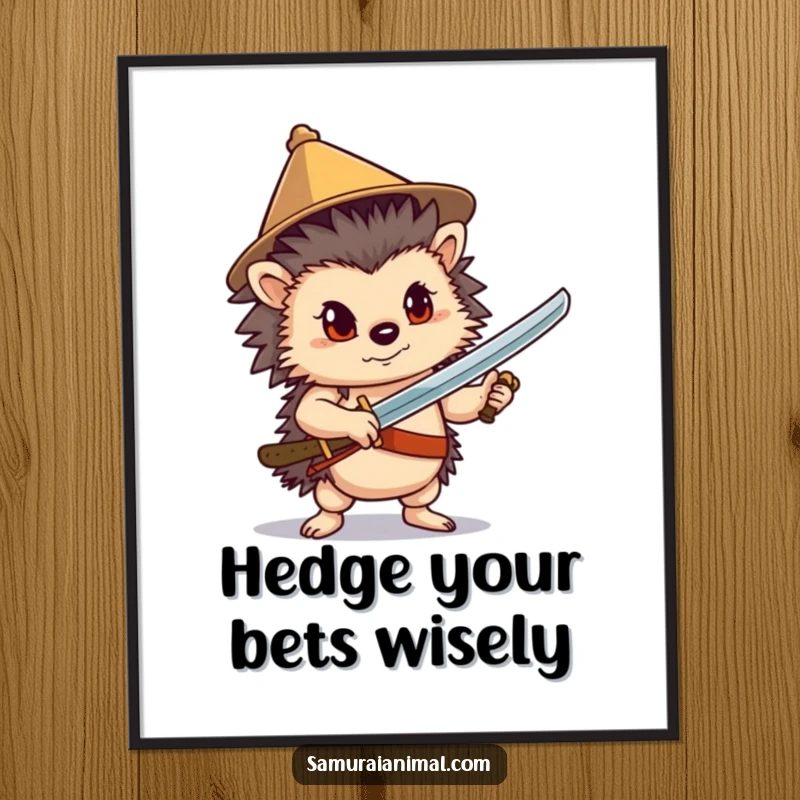 Funny Free Printable Wall Art: A confident hedgehog wearing a party hat strikes a heroic pose with a sword.
