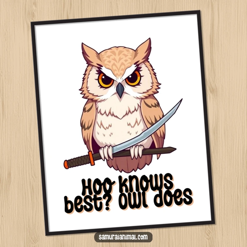 Funny Free Printable Wall Art of a stoic owl perched regally, holding a tiny katana with immense focus and humor.