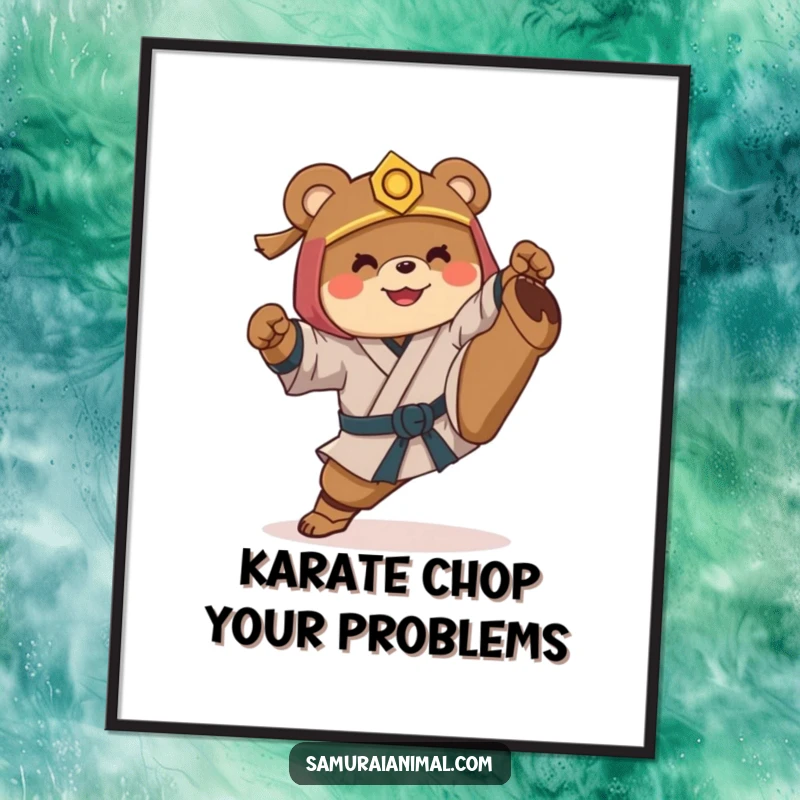 Funny Free Printable Wall Art: Samurai bear in a funny, awkward martial arts pose, perfect for humorous downloadable decor.