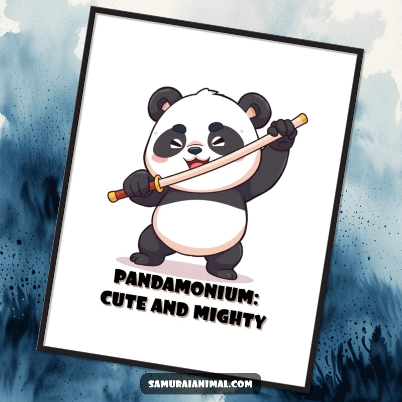 Funny Free Printable Wall Art: A plump panda with a determined grin comically wielding a toothpick sword, ready for a tiny adventure.