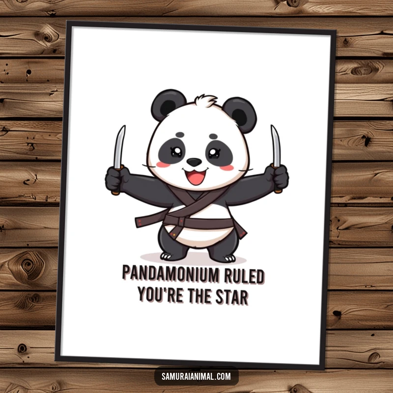Funny Free Printable Panda Juggler Art, a grinning panda expertly juggles three tiny katanas, showcasing impressive skill.