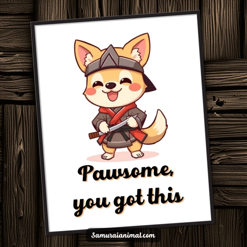 Funny Free Printable Wall Art: A cheerful dog dressed as a samurai, wagging its tail happily while holding a sai.