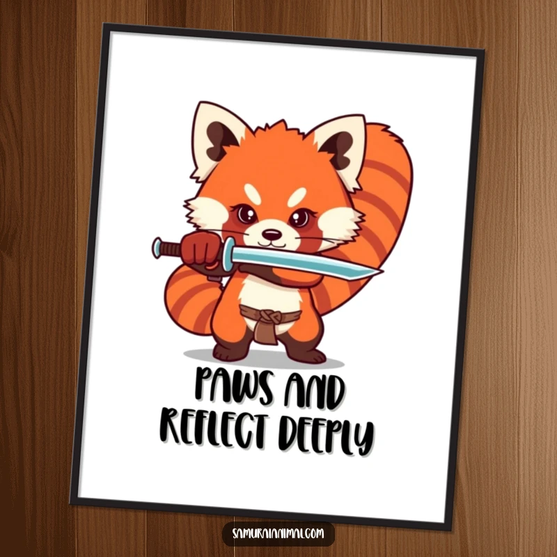 Funny Free Printable Wall Art: A stylized red panda character striking a dramatic yet adorable sword stance, full of personality.