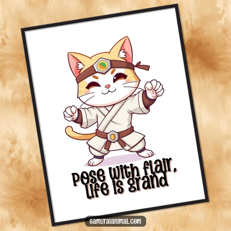 Funny Free Printable Wall Art: A cheerful cat confidently holds a samurai pose, radiating gentle strength and a cool demeanor.