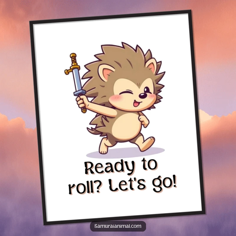 Funny Free Printable Wall Art of a happy hedgehog rolling forward with a sword held high, embodying playful determination.