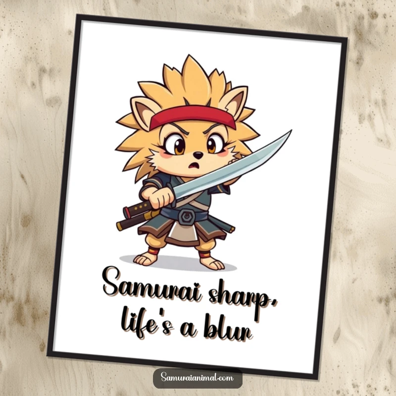 Funny free printable wall art of a surprised hedgehog samurai mid-sword flourish, ready to defend your decor with humor.