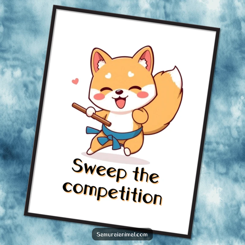Funny Free Printable Wall Art: A playful Shiba Inu character performing a swift, low sweep with a wooden stick, full of action.