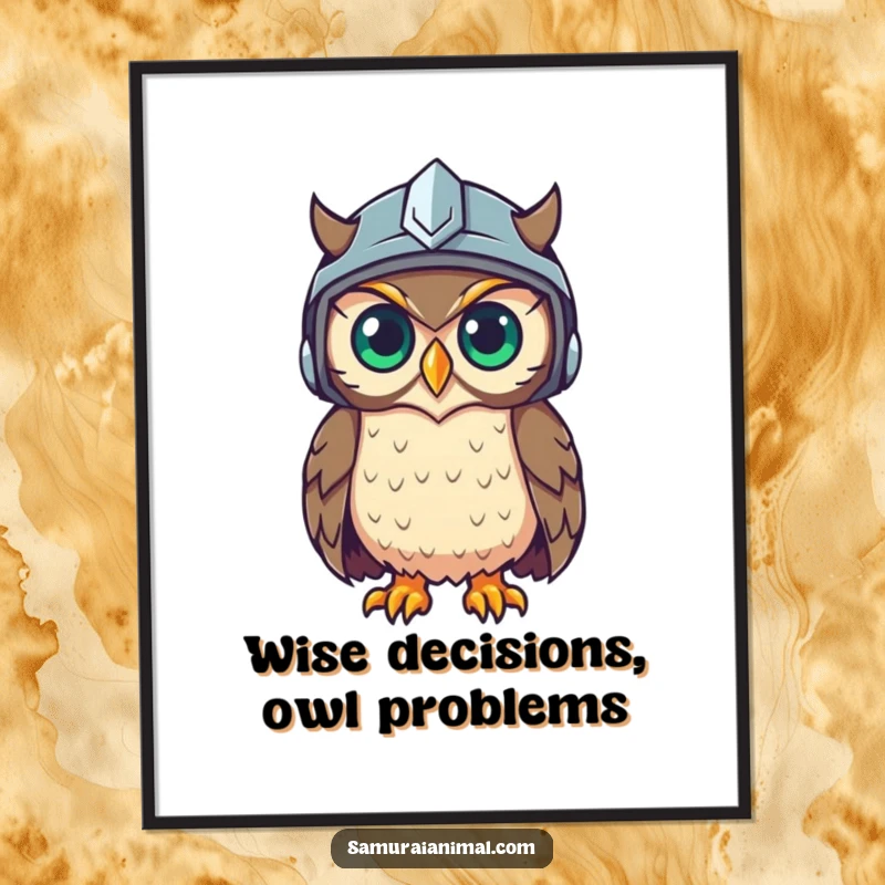 Funny Free Printable Wall Art: A wise owl wearing a protective helmet observes with a knowing gleam.