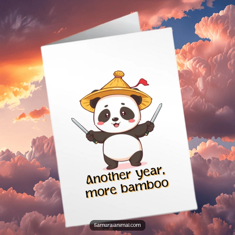 Funny Free Printable Birthday Card: A panda in a straw hat skillfully juggles several tiny swords with a cheerful grin.