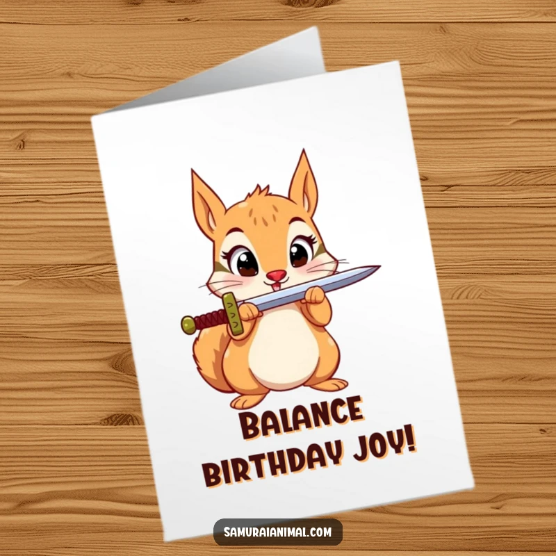 Funny Free Printable Birthday Card: A wide-eyed squirrel precariously balances a sword on its nose in a birthday surprise.
