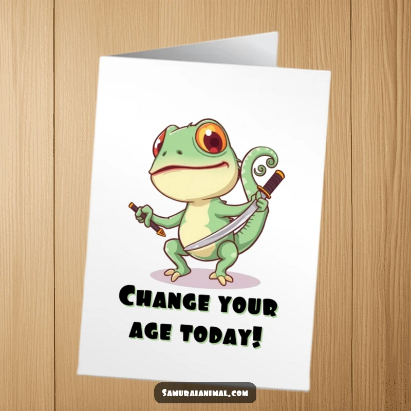 Funny Free Printable Birthday Card: A joyful chameleon with curled tail playfully swings a small samurai sword, celebrating a birthday.