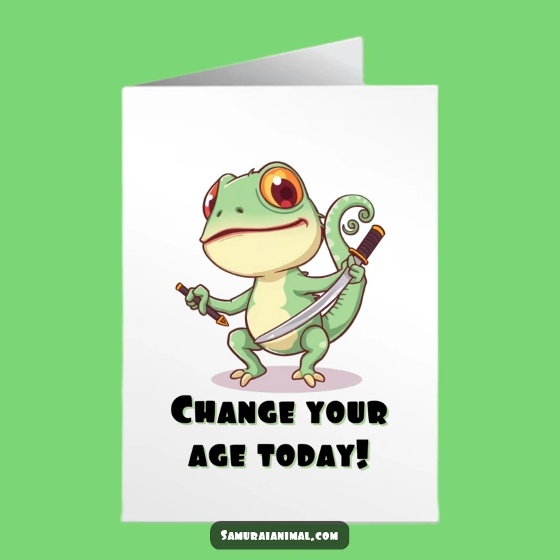Free Printable Birthday Card: Joyful Chameleon Samurai, Fun Downloadable Gift for a Special Day