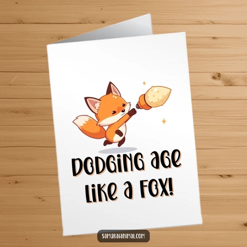 Funny Free Printable Birthday Card: A tiny fox swiftly dodges an oversized imaginary projectile with skillful movement, cartoon style.