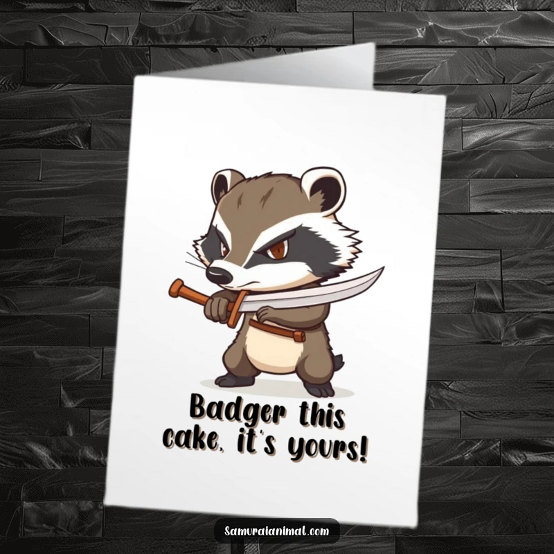 Funny Free Printable Birthday Card: A determined badger confidently wielding a tiny wooden sword.