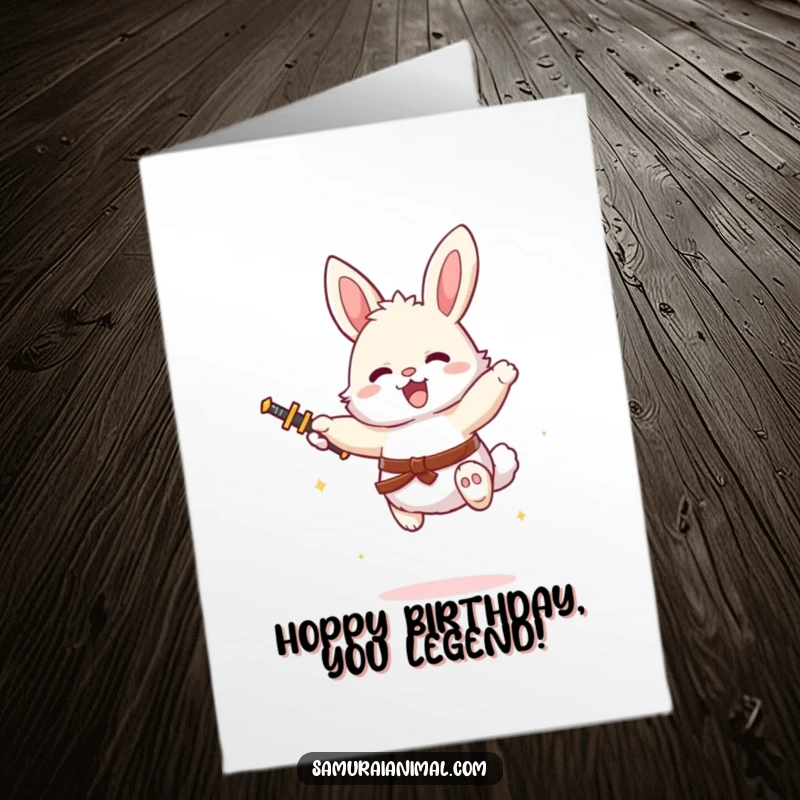 Funny Free Printable Birthday Card: A fluffy bunny with a tiny sword joyfully leaps mid-air, radiating pure happiness.