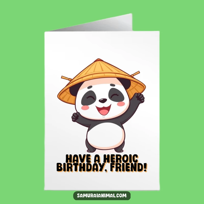 Free Printable Bday Card: Heroic Panda, Bamboo Hat, Funny Downloadable Gift