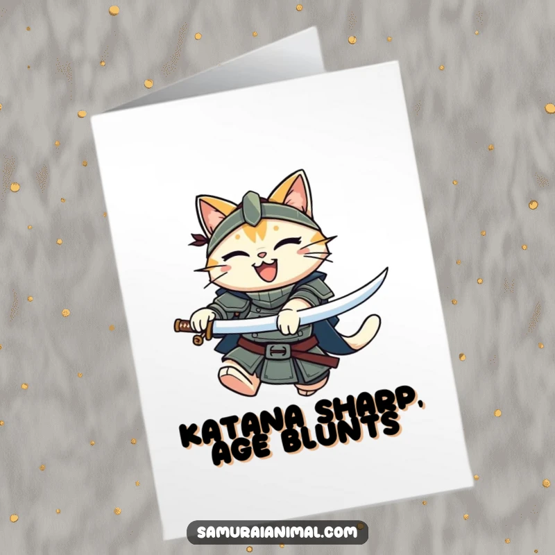 Funny Free Printable Birthday Card: A smiling armored cat heroically leaps forward with a sharp katana, ready to celebrate.