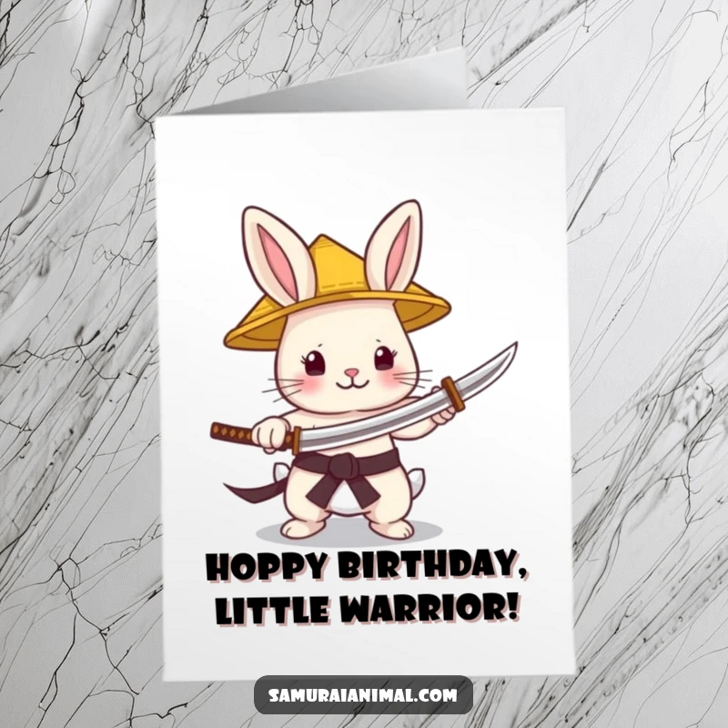 Funny Free Printable Birthday Card: A tiny bunny in a straw hat gleefully wielding a small katana, ready for birthday adventures.