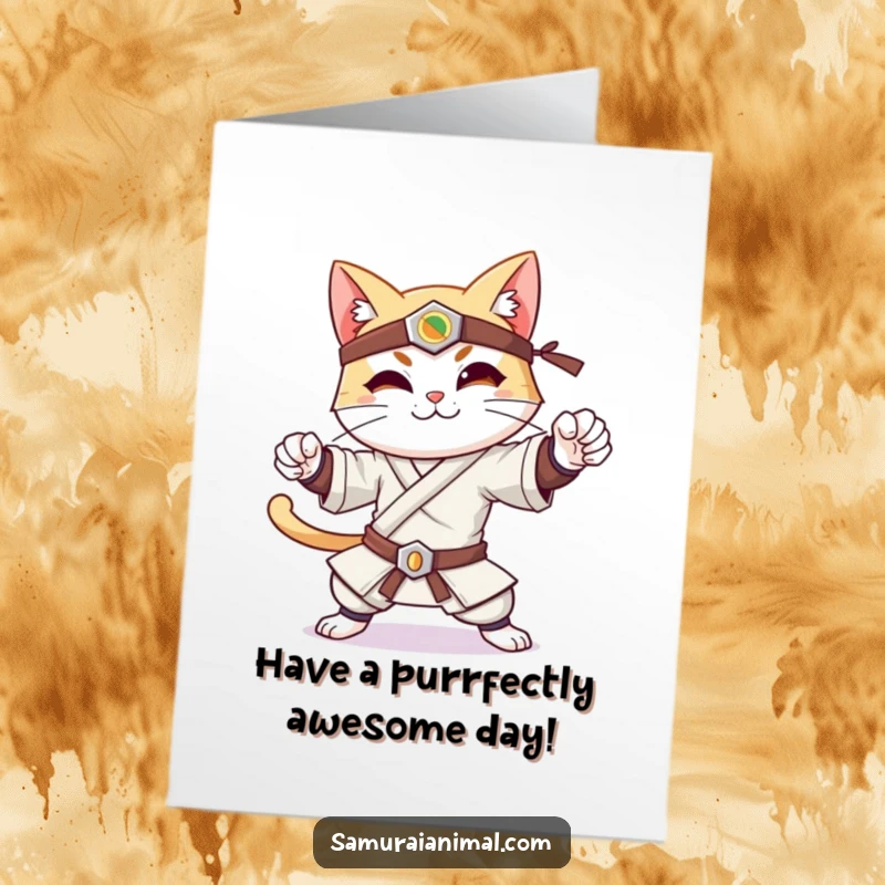 Funny Free Printable Birthday Card: A cheerful cat confidently strikes a dynamic samurai pose with a gentle, knowing smile.