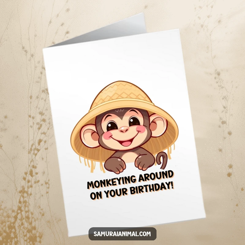 Funny Free Printable Birthday Card: A nimble monkey with a mischievous grin peeks from behind a straw hat.