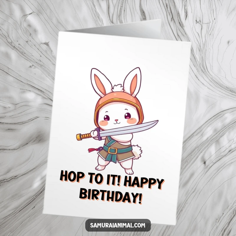 Funny Free Printable Birthday Card featuring a fluffy bunny in a tiny helmet wielding a noodle sword for a birthday battle.