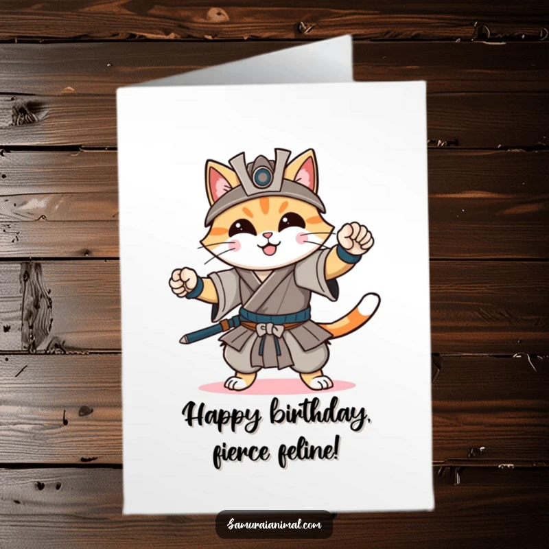 Funny Free Printable Birthday Card: Cheerful cat in a dynamic samurai pose with a confident smile, ready to celebrate.