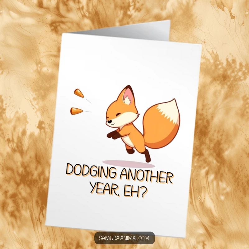 Funny Free Printable Birthday Card: Tiny fox artfully dodging a giant imaginary projectile with a swift, comical move.