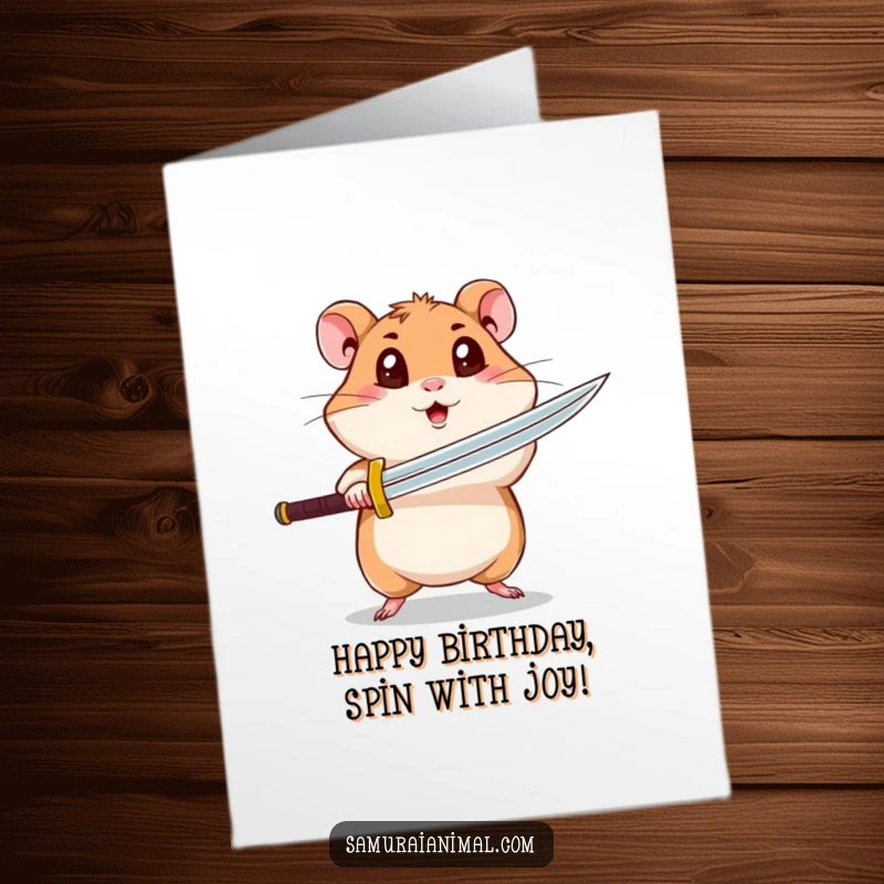 Funny Free Printable Hamster Birthday Card: Curious hamster attempting a spinning sword attack, a downloadable gift.