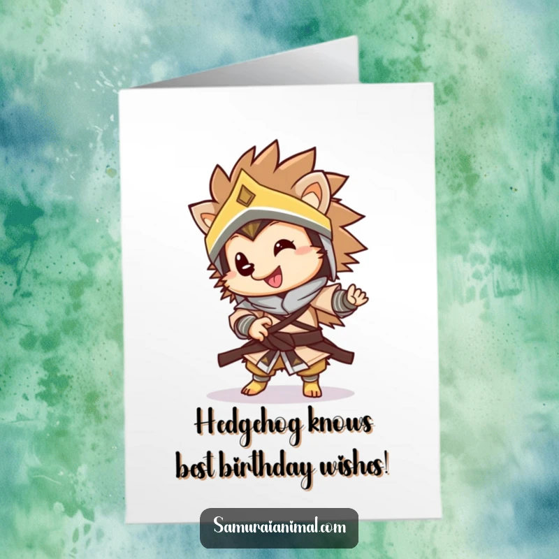 Funny Free Printable Birthday Card featuring a happy hedgehog warrior doing a playful spin, ready for adventure.