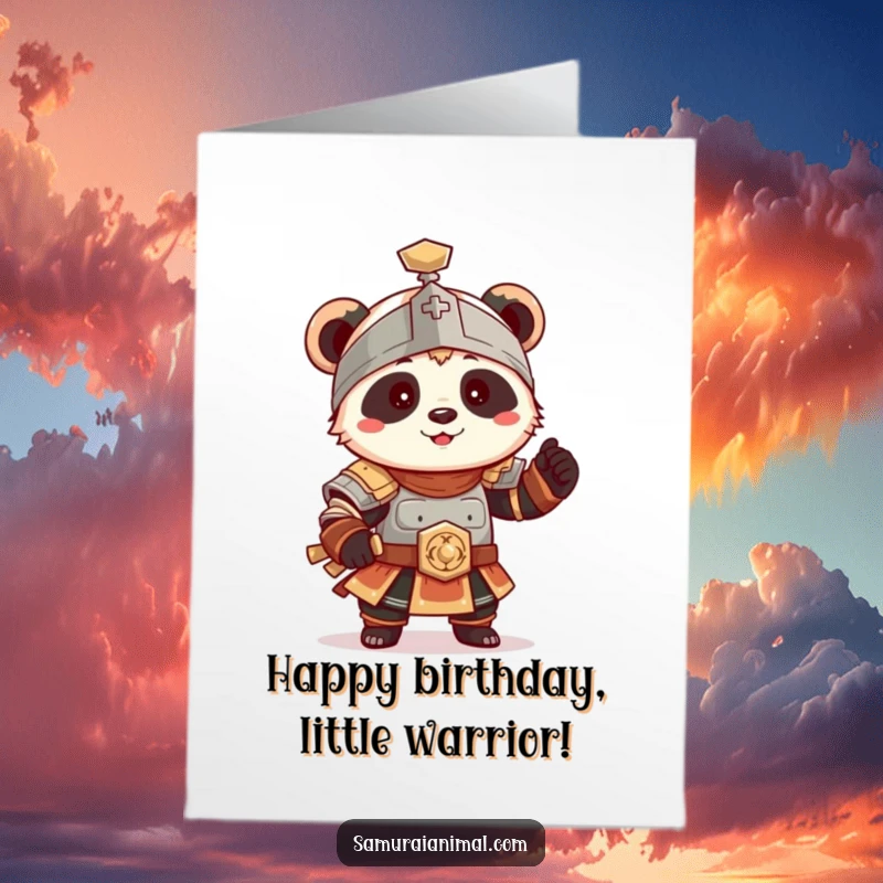 Funny Free Printable Panda Birthday Card: Tiny panda in armor strikes a playful, wobbly pose.