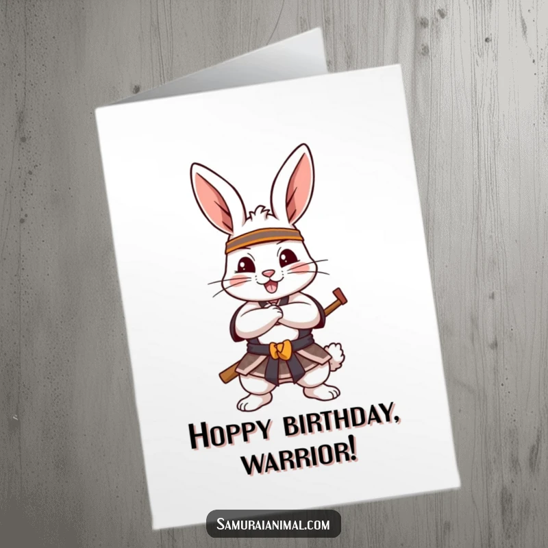 Funny free printable birthday card featuring a cheerful rabbit striking a playful samurai pose with courage.