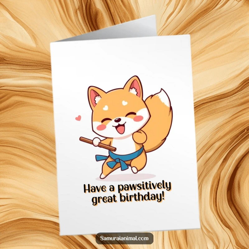 Funny Free Printable Birthday Card: Playful Shiba Inu executes a low wooden stick sweep, wishing a happy birthday with flair.